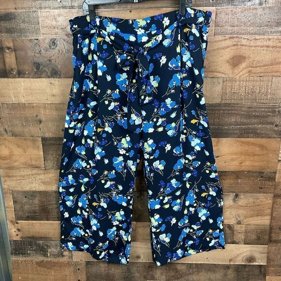Halogen Crop Pants Wide Leg Black Blue White Floral Elastic Waist Belt 1X - Picture 14 of 14